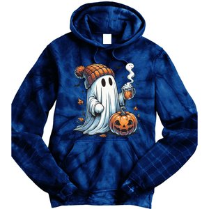 Cute Ghost Drinking Coffee Halloween Ghost Coffee Women Tie Dye Hoodie