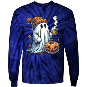 Cute Ghost Drinking Coffee Halloween Ghost Coffee Women Tie-Dye Long Sleeve Shirt