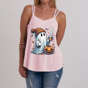 Cute Ghost Drinking Coffee Halloween Ghost Coffee Women Women's Strappy Tank