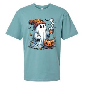 Cute Ghost Drinking Coffee Halloween Ghost Coffee Women Sueded Cloud Jersey T-Shirt