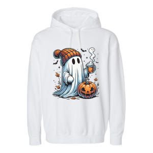 Cute Ghost Drinking Coffee Halloween Ghost Coffee Women Garment-Dyed Fleece Hoodie