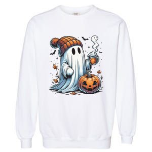 Cute Ghost Drinking Coffee Halloween Ghost Coffee Women Garment-Dyed Sweatshirt