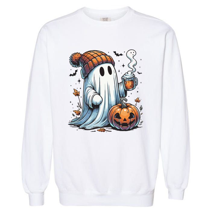 Cute Ghost Drinking Coffee Halloween Ghost Coffee Women Garment-Dyed Sweatshirt