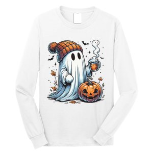 Cute Ghost Drinking Coffee Halloween Ghost Coffee Women Long Sleeve Shirt