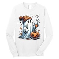 Cute Ghost Drinking Coffee Halloween Ghost Coffee Women Long Sleeve Shirt