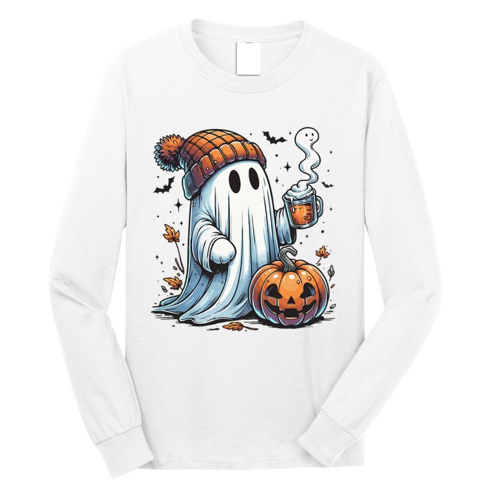 Cute Ghost Drinking Coffee Halloween Ghost Coffee Women Long Sleeve Shirt