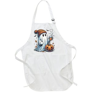 Cute Ghost Drinking Coffee Halloween Ghost Coffee Women Full-Length Apron With Pockets