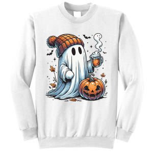 Cute Ghost Drinking Coffee Halloween Ghost Coffee Women Sweatshirt