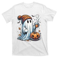 Cute Ghost Drinking Coffee Halloween Ghost Coffee Women T-Shirt