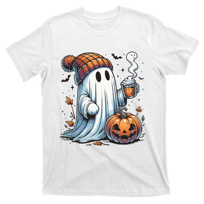 Cute Ghost Drinking Coffee Halloween Ghost Coffee Women T-Shirt