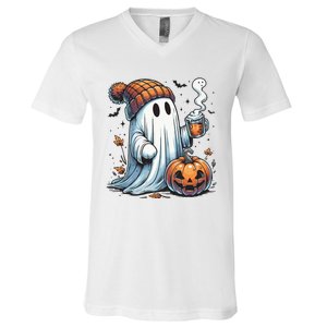 Cute Ghost Drinking Coffee Halloween Ghost Coffee Women V-Neck T-Shirt