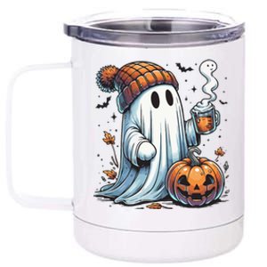 Cute Ghost Drinking Coffee Halloween Ghost Coffee Women 12 oz Stainless Steel Tumbler Cup