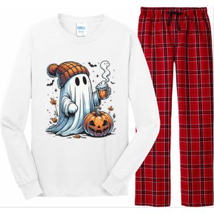 Cute Ghost Drinking Coffee Halloween Ghost Coffee Women Long Sleeve Pajama Set