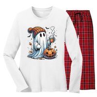 Cute Ghost Drinking Coffee Halloween Ghost Coffee Women Women's Long Sleeve Flannel Pajama Set 