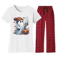 Cute Ghost Drinking Coffee Halloween Ghost Coffee Women Women's Flannel Pajama Set