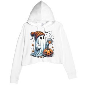 Cute Ghost Drinking Coffee Halloween Ghost Coffee Women Crop Fleece Hoodie