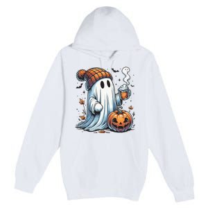 Cute Ghost Drinking Coffee Halloween Ghost Coffee Women Premium Pullover Hoodie