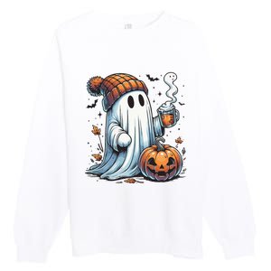 Cute Ghost Drinking Coffee Halloween Ghost Coffee Women Premium Crewneck Sweatshirt