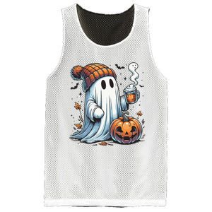 Cute Ghost Drinking Coffee Halloween Ghost Coffee Women Mesh Reversible Basketball Jersey Tank