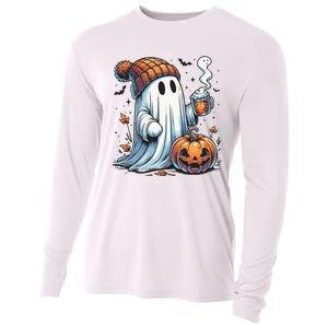 Cute Ghost Drinking Coffee Halloween Ghost Coffee Women Cooling Performance Long Sleeve Crew