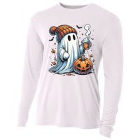 Cute Ghost Drinking Coffee Halloween Ghost Coffee Women Cooling Performance Long Sleeve Crew