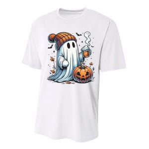 Cute Ghost Drinking Coffee Halloween Ghost Coffee Women Performance Sprint T-Shirt