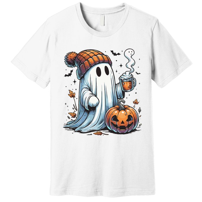 Cute Ghost Drinking Coffee Halloween Ghost Coffee Women Premium T-Shirt