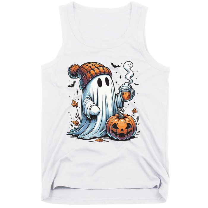 Cute Ghost Drinking Coffee Halloween Ghost Coffee Women Tank Top