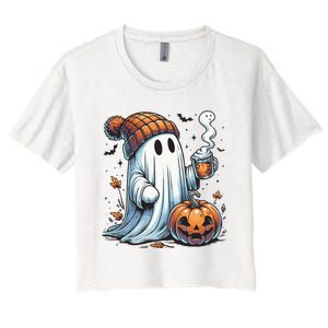 Cute Ghost Drinking Coffee Halloween Ghost Coffee Women Women's Crop Top Tee