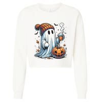 Cute Ghost Drinking Coffee Halloween Ghost Coffee Women Cropped Pullover Crew