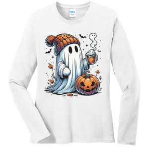 Cute Ghost Drinking Coffee Halloween Ghost Coffee Women Ladies Long Sleeve Shirt