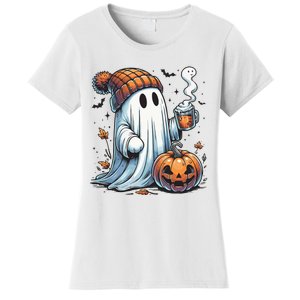 Cute Ghost Drinking Coffee Halloween Ghost Coffee Women Women's T-Shirt