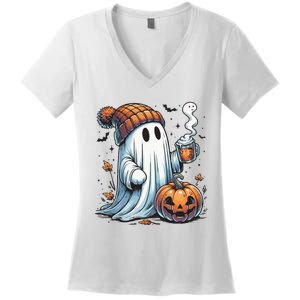 Cute Ghost Drinking Coffee Halloween Ghost Coffee Women Women's V-Neck T-Shirt