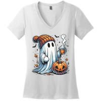 Cute Ghost Drinking Coffee Halloween Ghost Coffee Women Women's V-Neck T-Shirt