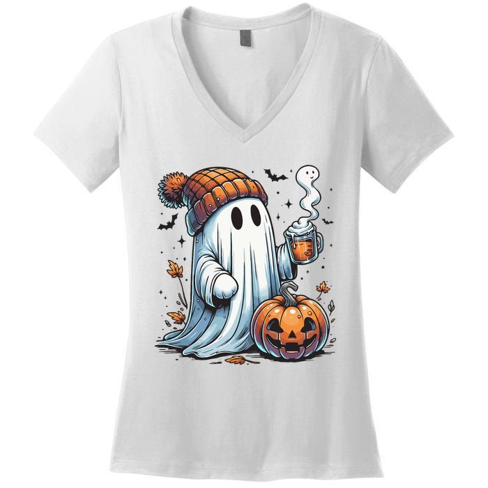 Cute Ghost Drinking Coffee Halloween Ghost Coffee Women Women's V-Neck T-Shirt