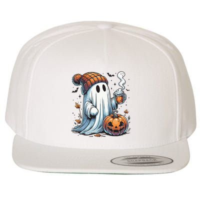 Cute Ghost Drinking Coffee Halloween Ghost Coffee Women Wool Snapback Cap