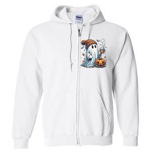 Cute Ghost Drinking Coffee Halloween Ghost Coffee Women Full Zip Hoodie