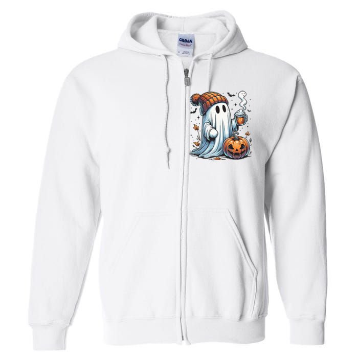 Cute Ghost Drinking Coffee Halloween Ghost Coffee Women Full Zip Hoodie