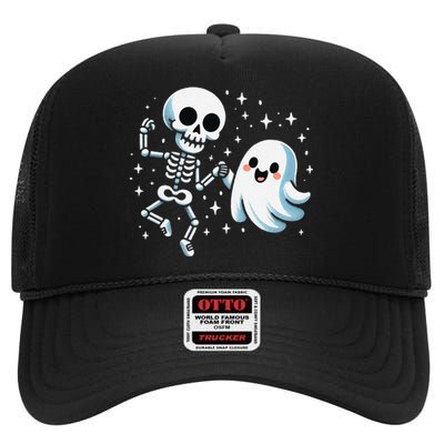 Cute Ghost Dancing With Skeleton Funny Halloween High Crown Mesh Back Trucker Hat