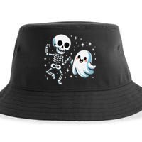 Cute Ghost Dancing With Skeleton Funny Halloween Sustainable Bucket Hat