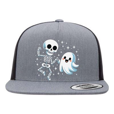 Cute Ghost Dancing With Skeleton Funny Halloween Flat Bill Trucker Hat