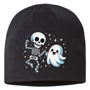 Cute Ghost Dancing With Skeleton Funny Halloween Sustainable Beanie