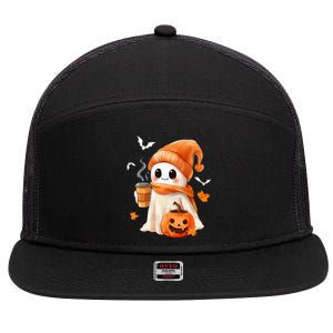 Cute Ghost Drinking Coffee Halloween Ghost Ice Coffee 7 Panel Mesh Trucker Snapback Hat