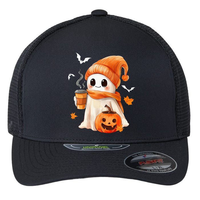 Cute Ghost Drinking Coffee Halloween Ghost Ice Coffee Flexfit Unipanel Trucker Cap