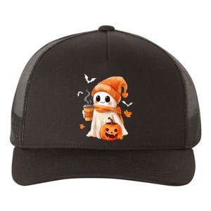 Cute Ghost Drinking Coffee Halloween Ghost Ice Coffee Yupoong Adult 5-Panel Trucker Hat