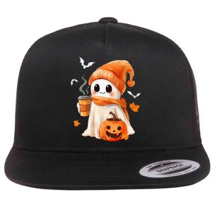 Cute Ghost Drinking Coffee Halloween Ghost Ice Coffee Flat Bill Trucker Hat