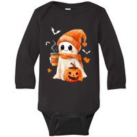 Cute Ghost Drinking Coffee Halloween Ghost Ice Coffee Baby Long Sleeve Bodysuit