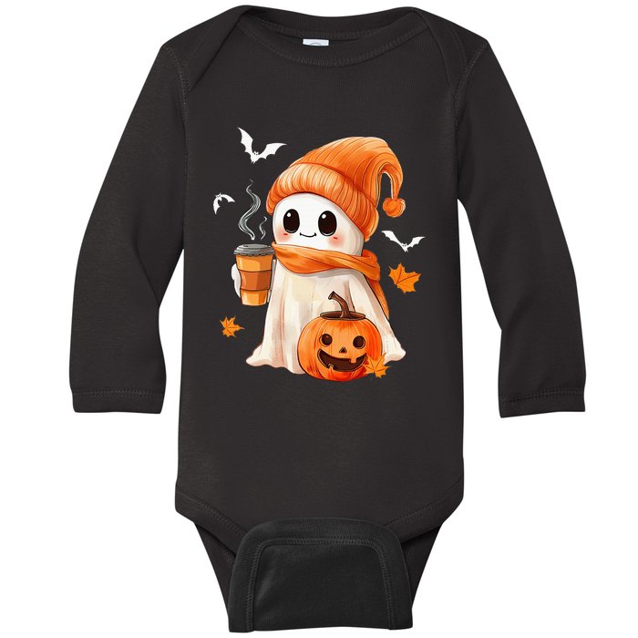 Cute Ghost Drinking Coffee Halloween Ghost Ice Coffee Baby Long Sleeve Bodysuit