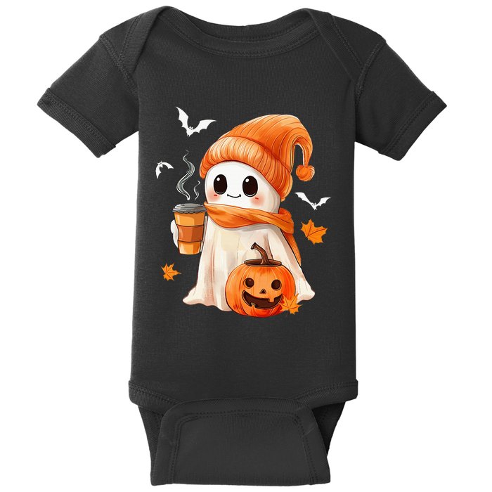 Cute Ghost Drinking Coffee Halloween Ghost Ice Coffee Baby Bodysuit