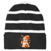 Cute Ghost Drinking Coffee Halloween Ghost Ice Coffee Striped Beanie with Solid Band